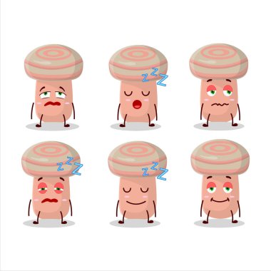 Uykulu ifadeli, mercan sütlü şapkalı çizgi film karakteri. Vektör illüstrasyonu