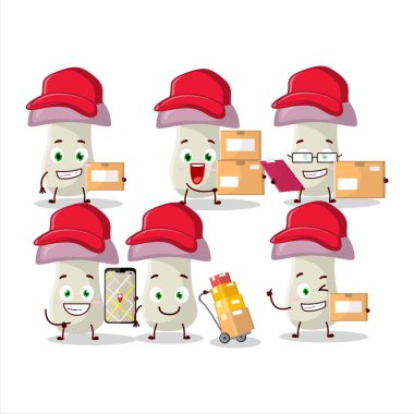 Kurye olarak çalışan kaba mantarın çizgi film karakteri tasarımı. Vektör illüstrasyonu