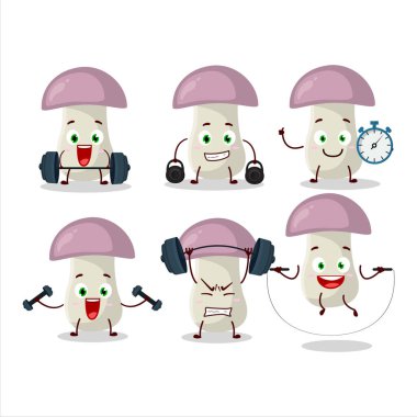 Spor salonunda bazı aletler deneyen sağlıklı, kaba bir mantar çizgi film stili. Vektör illüstrasyonu