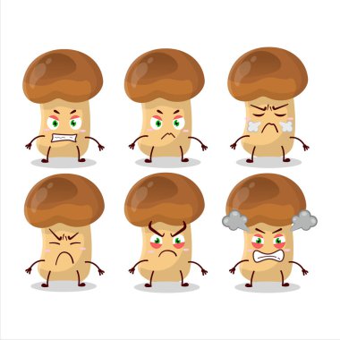 Çeşitli kızgın ifadeleri olan saman mantarlı çizgi film karakteri. Vektör illüstrasyonu