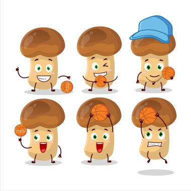 Basketbol atleti olarak yetenekli saman mantarı çizgi film karakteri. Vektör illüstrasyonu
