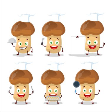 Çeşitli şef ifadeleriyle saman mantarının çizgi film karakteri. Vektör illüstrasyonu