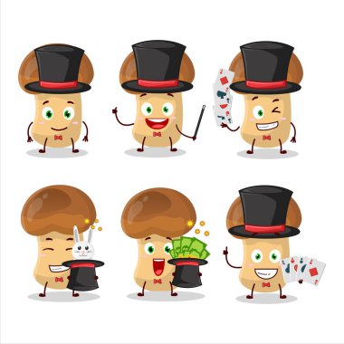 Bir saman mantarı sihirbaz çizgi film karakteri sahnede performans sergiliyor. Vektör illüstrasyonu