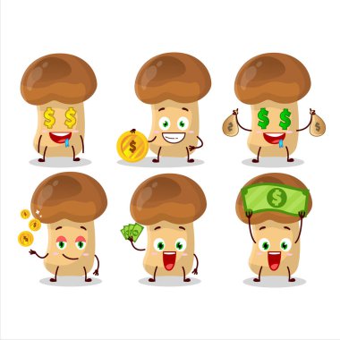 Saman mantarı çizgi film karakteri, şirin bir ifade ile para getiriyor. Vektör illüstrasyonu