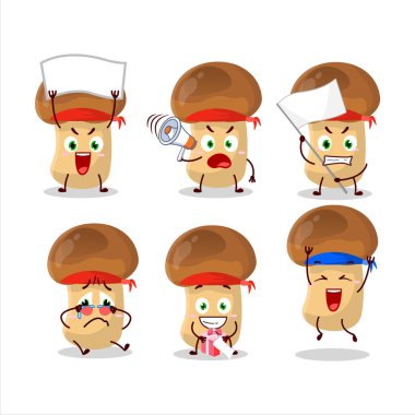 Çekici bir destekçi olarak saman mantarı karakterinin maskot tasarımı tarzı. Vektör illüstrasyonu