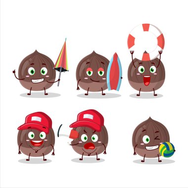 Mutlu Yüz kestane çizgi film karakteri sahilde oynuyor. Vektör illüstrasyonu