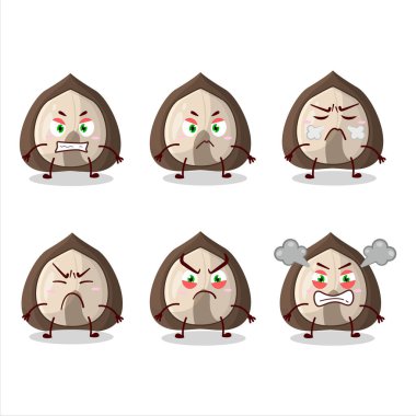 Çeşitli kızgın ifadeleri olan Mançurya cevizi çizgi film karakteri. Vektör illüstrasyonu