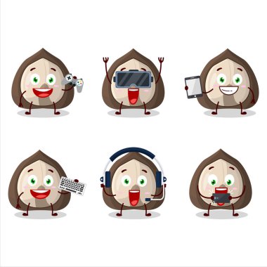 Mançurya cevizi çizgi film karakteri çeşitli şirin emoticonlarla oyunlar oynuyor. Vektör illüstrasyonu