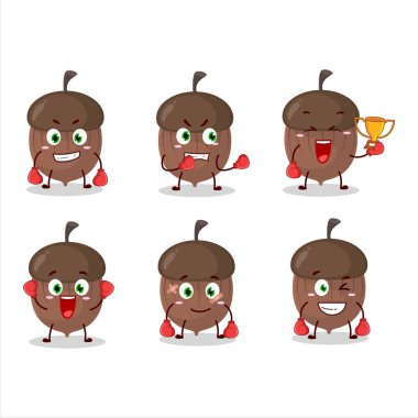 Sportif meşe palamudu boks sporu çizgi film maskotu tasarımı. Vektör illüstrasyonu