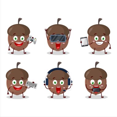 Meşe palamudu çizgi film karakteri çeşitli şirin ifadelerle oyunlar oynuyor. Vektör illüstrasyonu