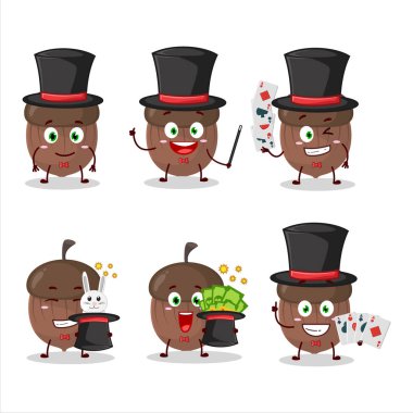 Bir meşe palamudu sihirbazı çizgi film karakteri sahnede gösteri yapıyor. Vektör illüstrasyonu