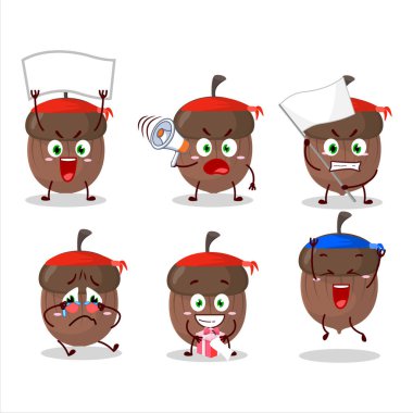 Çekici bir destekçi olarak meşe palamudu karakterinin maskot tasarımı. Vektör illüstrasyonu