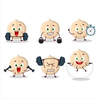 Sağlıklı bir macadamia çizgi film stili Fitness Merkezi 'nde bazı aletler deniyor. Vektör illüstrasyonu