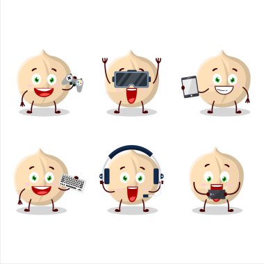 Macadamia çizgi film karakteri çeşitli şirin ifadelerle oyunlar oynuyor. Vektör illüstrasyonu