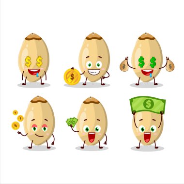 Çam fıstığı çizgi film karakteri, şirin bir ifade ile para getiriyor. Vektör illüstrasyonu