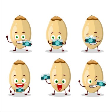 Çam fıstığı çizgi film karakteri ile fotoğrafçılık mesleği simgesi. Vektör illüstrasyonu