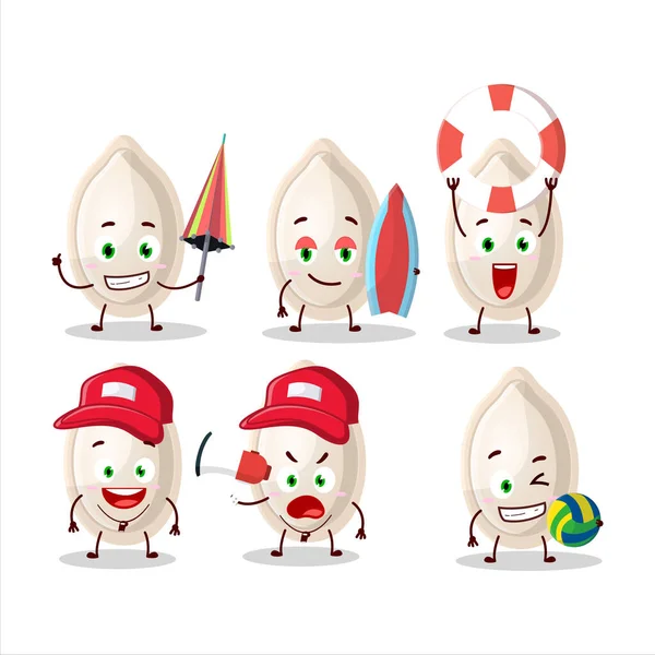 Cara Feliz Personaje Dibujos Animados Semilla Calabaza Jugando Una Playa — Vector de stock