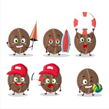 Neşeli Surat karikatür karakteri sahilde oynuyor. Vektör illüstrasyonu