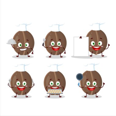 Çeşitli şef simgeleriyle ceviz çizgi film karakteri. Vektör illüstrasyonu