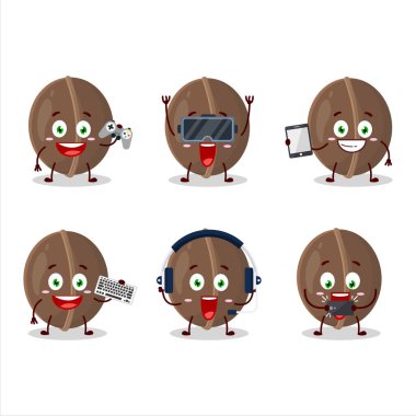 Ceviz çizgi film karakteri çeşitli şirin ifadelerle oyunlar oynuyor. Vektör illüstrasyonu