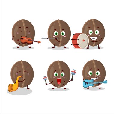 Bazı müzik enstrümanları çalan ceviz çizgi film karakteri. Vektör illüstrasyonu