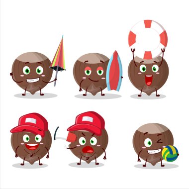 Mutlu Yüz Fındık çizgi film karakteri sahilde oynuyor. Vektör illüstrasyonu