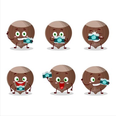 Fındık çizgi film karakteri ile fotoğrafçılık mesleği simgesi. Vektör illüstrasyonu