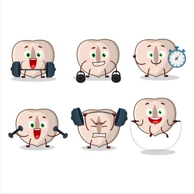 Fitness merkezinde aletler deneyen sağlıklı bir fındık karikatürü. Vektör illüstrasyonu