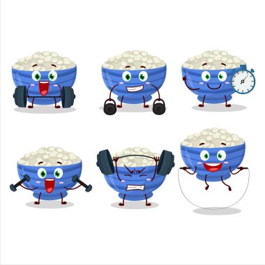 Sağlıklı bir deniz fasulyesi çizgi film stili Fitness Merkezi 'nde bazı aletler deniyor. Vektör illüstrasyonu