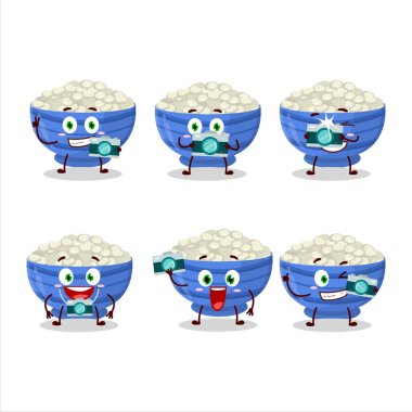 Donanma Fasulyesi çizgi film karakteri ile fotoğrafçılık mesleği simgesi. Vektör illüstrasyonu