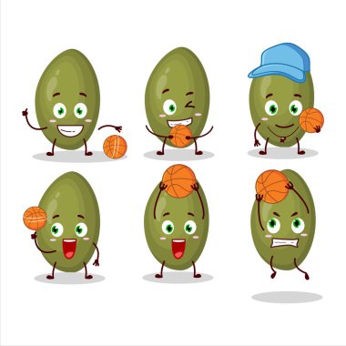 Antep fıstığı tohumu, basketbol atleti olarak çizgi film karakteri. Vektör illüstrasyonu