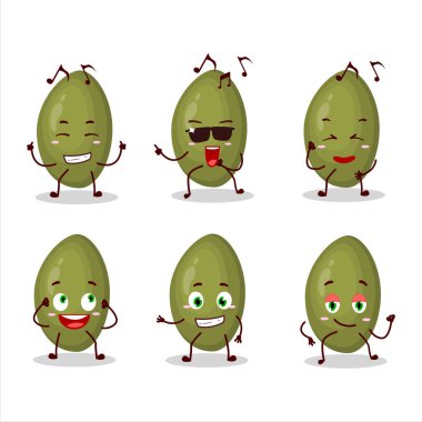 Antep fıstığı tohumu dansçısı çizgi film karakteri müziği seviyor. Vektör illüstrasyonu