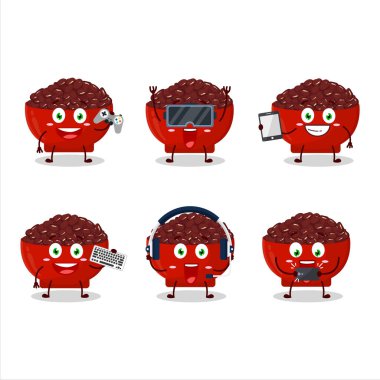 Adzuki fasulye çizgi film karakteri çeşitli şirin emoticonlarla oyunlar oynuyor. Vektör illüstrasyonu