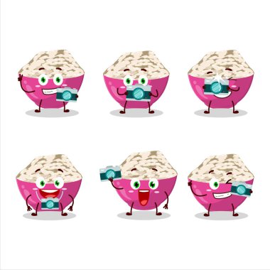 Basmati Rice çizgi film karakteri ile fotoğrafçılık mesleği simgesi. Vektör illüstrasyonu