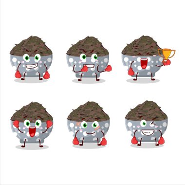 Sportif siyah pirinç boks sporu çizgi film maskotu tasarımı. Vektör illüstrasyonu