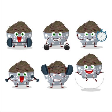 Sağlıklı bir koyu pirinç çizgi film stili Fitness Merkezi 'nde bazı aletler deniyor. Vektör illüstrasyonu