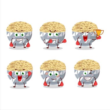 Sportif parbolize edilmiş uzun tahıllı pirinç boks sporu çizgi film maskotu tasarımı. Vektör illüstrasyonu