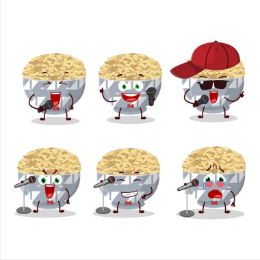 Sevimli bir çizgi film tasarımı konsepti parboe edilmiş uzun tahıllı pirinç ünlü bir şarkı söylüyor. Vektör illüstrasyonu