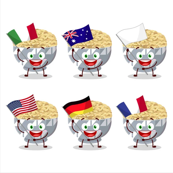 Parboied Langkorrelige Rijst Cartoon Karakter Brengen Vlaggen Van Verschillende Landen — Stockvector