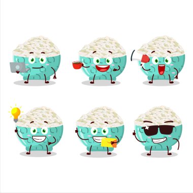 Çeşitli iş simgelerine sahip risotto pirinç çizgi film karakteri. Vektör illüstrasyonu