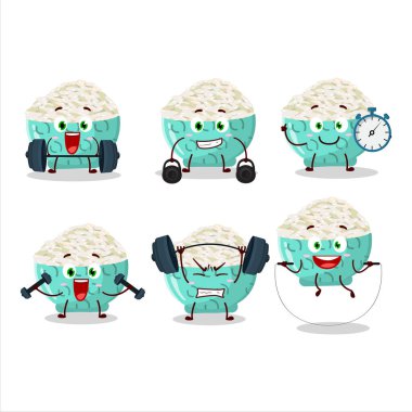 Sağlıklı bir pilav karikatürü. Fitness merkezinde bazı aletler deniyor. Vektör illüstrasyonu