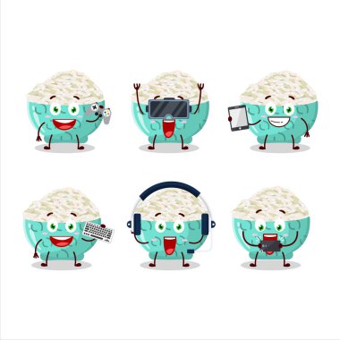 Risotto Rice çizgi film karakteri çeşitli şirin ifadelerle oyunlar oynuyor. Vektör illüstrasyonu