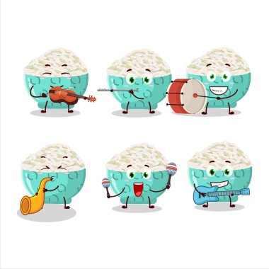 Çizgi film karakteri Risotto Rice müzik enstrümanları çalıyor. Vektör illüstrasyonu