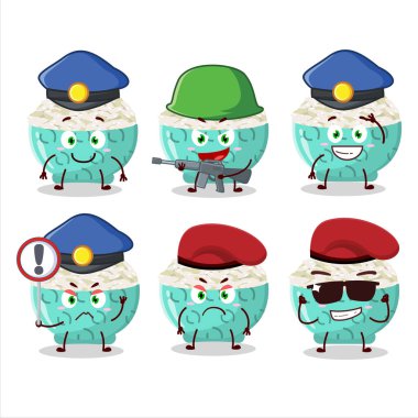 Pirinç maskotu tasarımlı kendini işine adamış bir polis memuru. Vektör illüstrasyonu