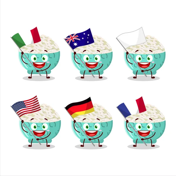 Risotto Personaje Dibujos Animados Arroz Traer Las Banderas Varios Países — Vector de stock