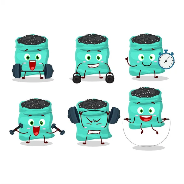 Sağlıklı bir siyah kaplumbağa fasulye çizgi film stili Fitness merkezinde bazı aletler deniyor. Vektör illüstrasyonu