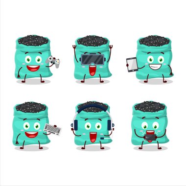 Siyah kaplumbağa fasulyeli çizgi film karakteri çeşitli şirin emoticonlarla oyunlar oynuyor. Vektör illüstrasyonu