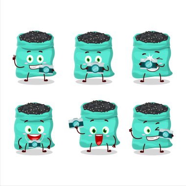 Siyah kaplumbağa fasulyesi çizgi film karakteri ile fotoğrafçılık mesleği simgesi. Vektör illüstrasyonu