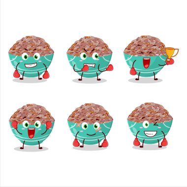 Sportif kırmızı kargo pirinç boks çizgi film maskotu tasarımı. Vektör illüstrasyonu