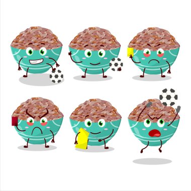 Kırmızı kargo pirinç çizgi film karakteri futbol hakemi olarak çalışıyor. Vektör illüstrasyonu